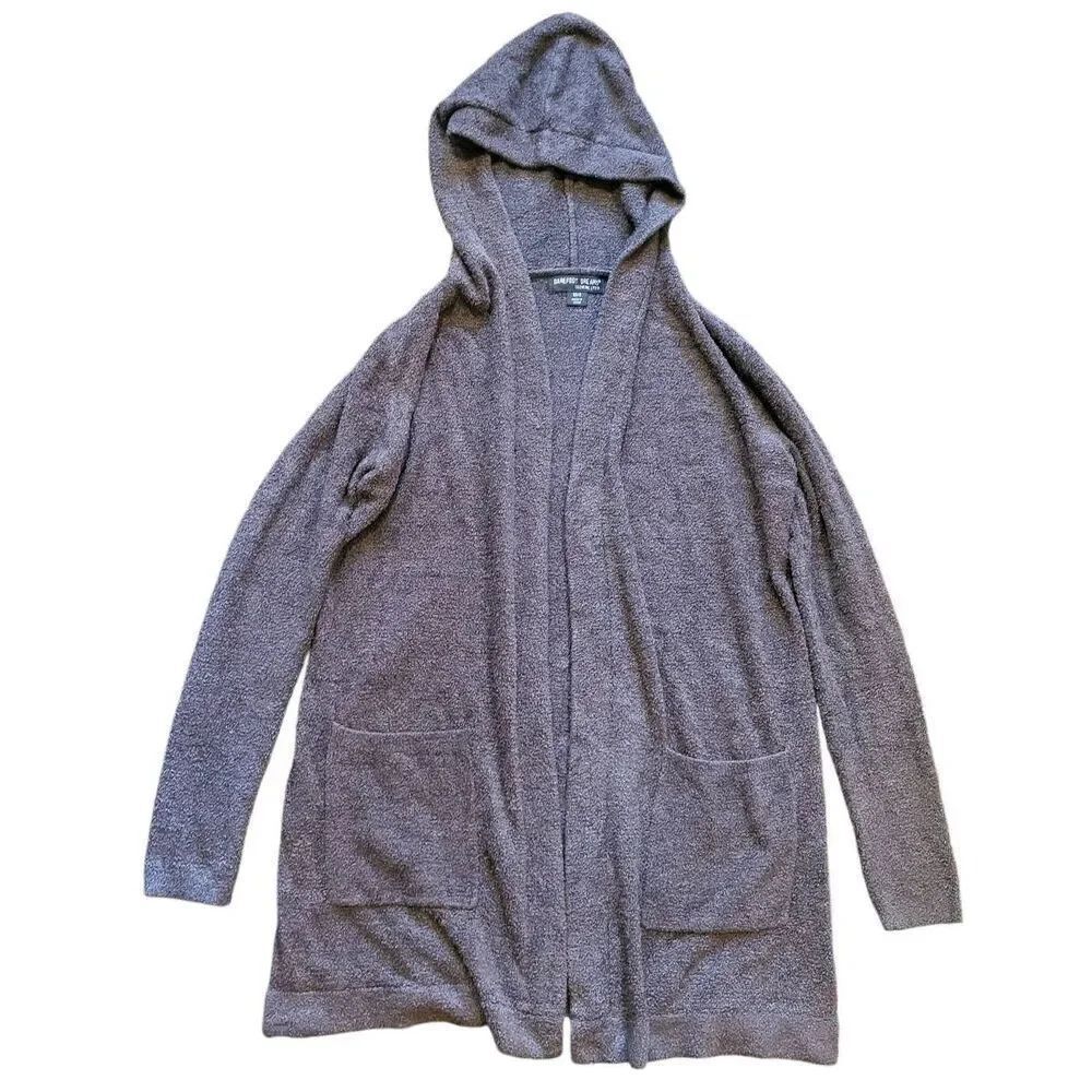Barefoot Dreams Sweater Women's Small Brown Taupe Hooded Cardigan Open Cozy Soft